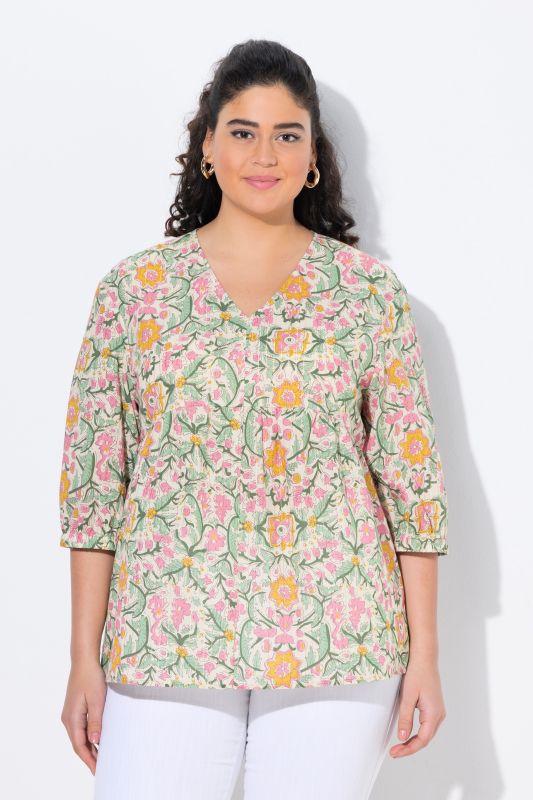 Chemisier, motif floral, coupe évasée, manches 3/4