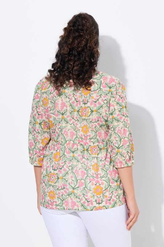 Chemisier, motif floral, coupe évasée, manches 3/4