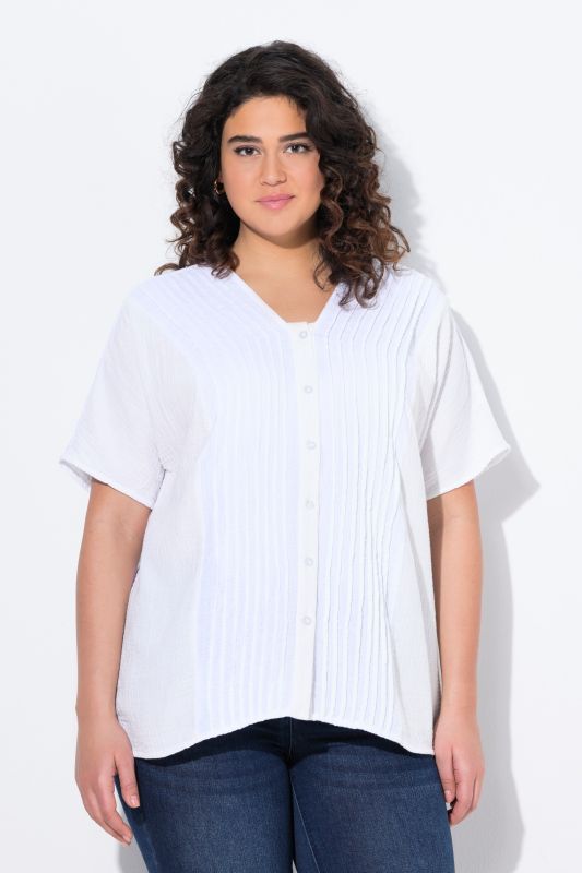 Chemisier en mousseline, oversize, passepoils, col en V, manches courtes