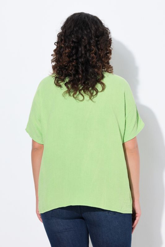Chemisier en mousseline, oversize, passepoils, col en V, manches courtes