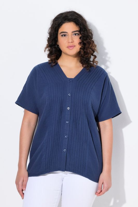 Chemisier en mousseline, oversize, passepoils, col en V, manches courtes