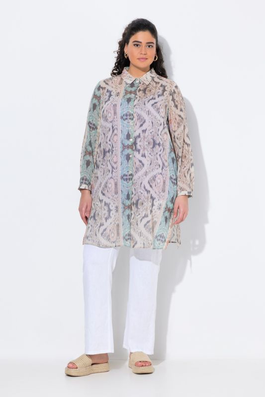 Chemisier long, mélange d'imprimés, coupe évasée, col chemise, manches longues