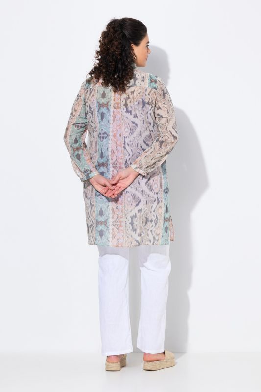 Chemisier long, mélange d'imprimés, coupe évasée, col chemise, manches longues