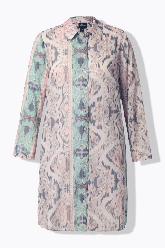Chemisier long, mélange d'imprimés, coupe évasée, col chemise, manches longues