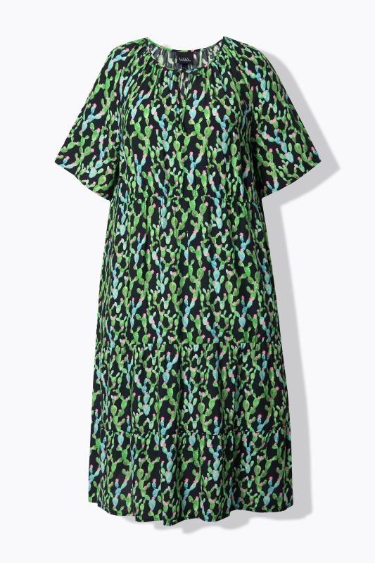 Robe midi, coupe évasée, col tunisien, manches courtes