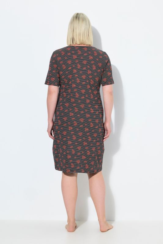 Chemise de nuit à col en V et manches courtes. Motif rayures/fleurs