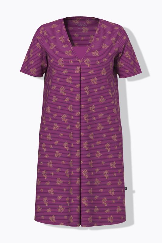 Chemise de nuit à col en V et manches courtes. Motif rayures/fleurs
