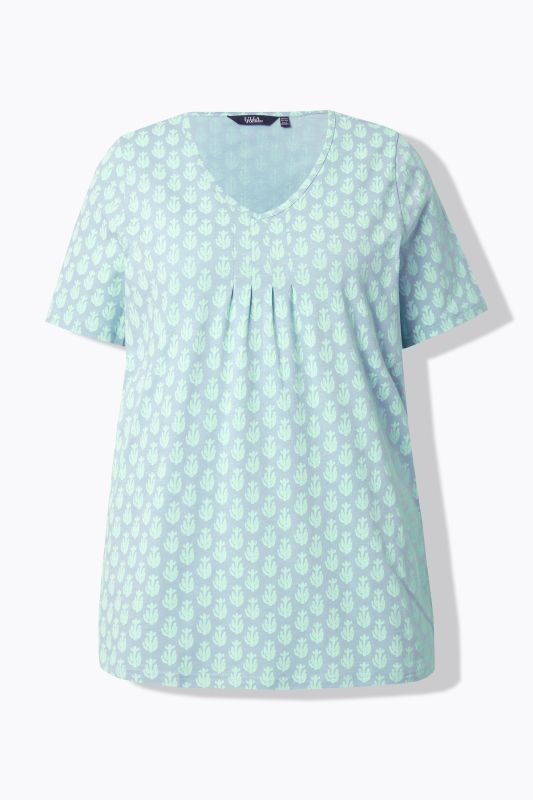 T-shirt, coupe évasée, col V, jolis plis creux, manches courtes