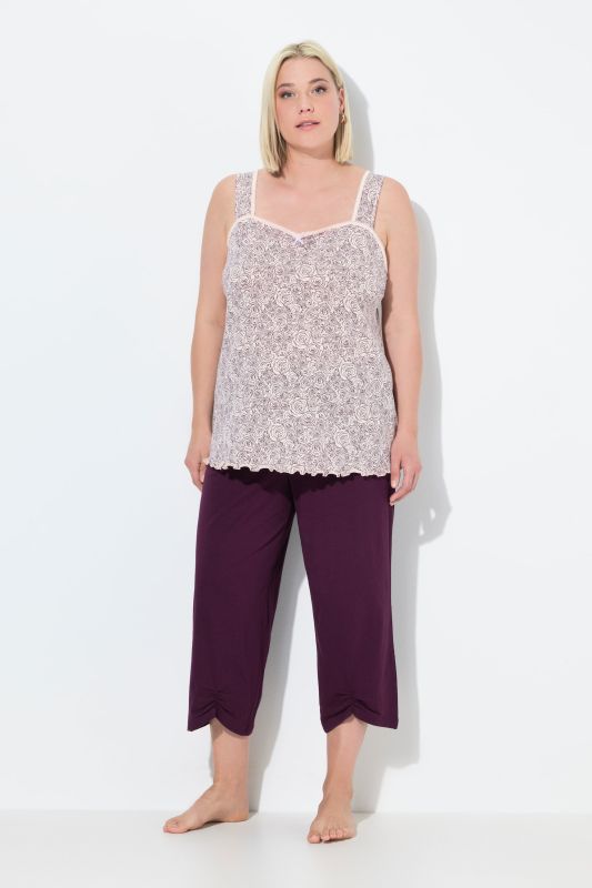 Pyjama, motif de roses, pantalon 3/4, poches, sans manches