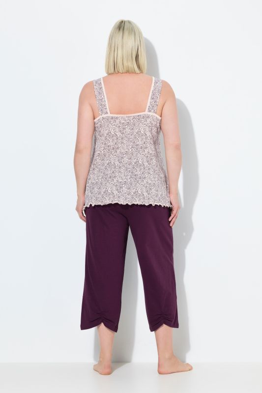 Pyjama, motif de roses, pantalon 3/4, poches, sans manches