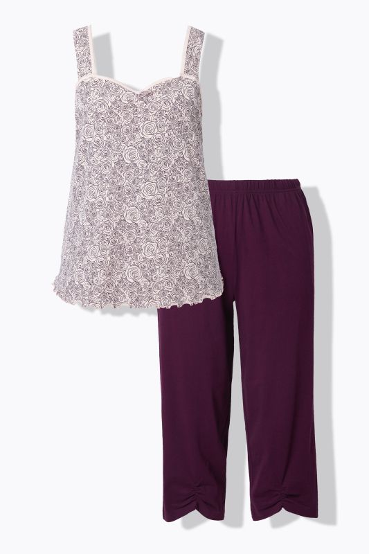 Pyjama, motif de roses, pantalon 3/4, poches, sans manches