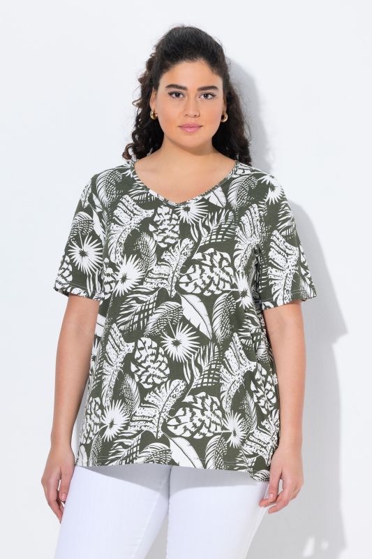 T-shirt, motif de plumes, coupe évasée, col V, manches courtes