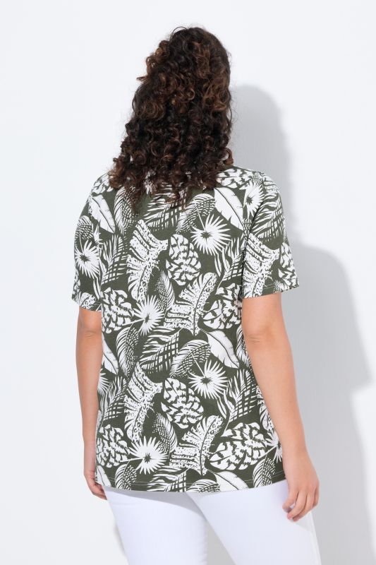 T-shirt, motif de plumes, coupe évasée, col V, manches courtes