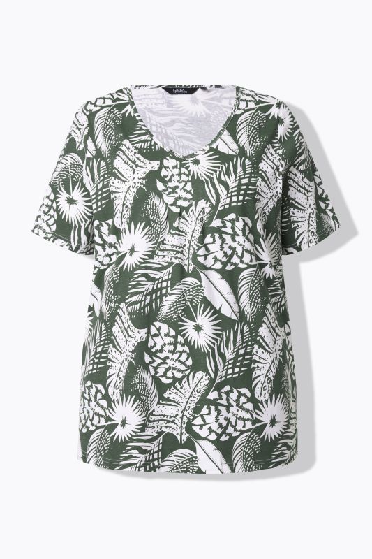 T-shirt, motif de plumes, coupe évasée, col V, manches courtes