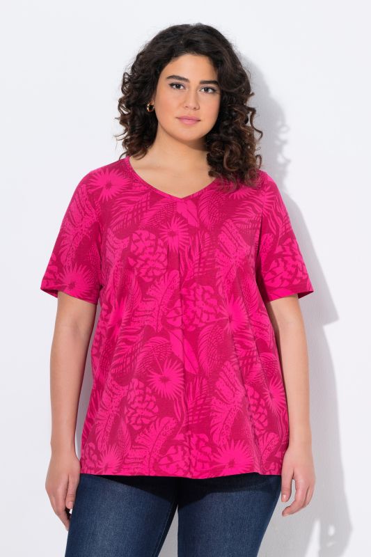 T-shirt, motif de plumes, coupe évasée, col V, manches courtes