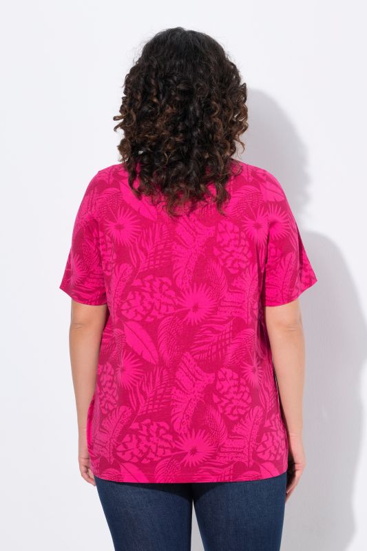 T-shirt, motif de plumes, coupe évasée, col V, manches courtes