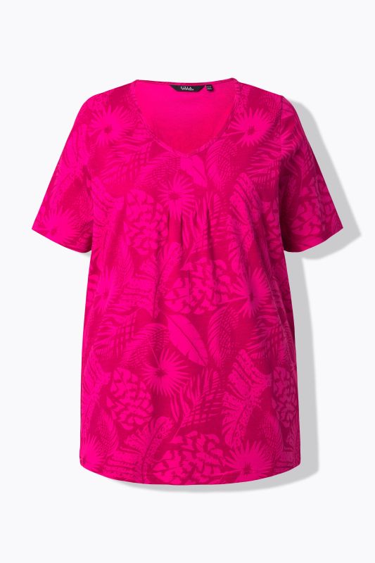 T-shirt, motif de plumes, coupe évasée, col V, manches courtes