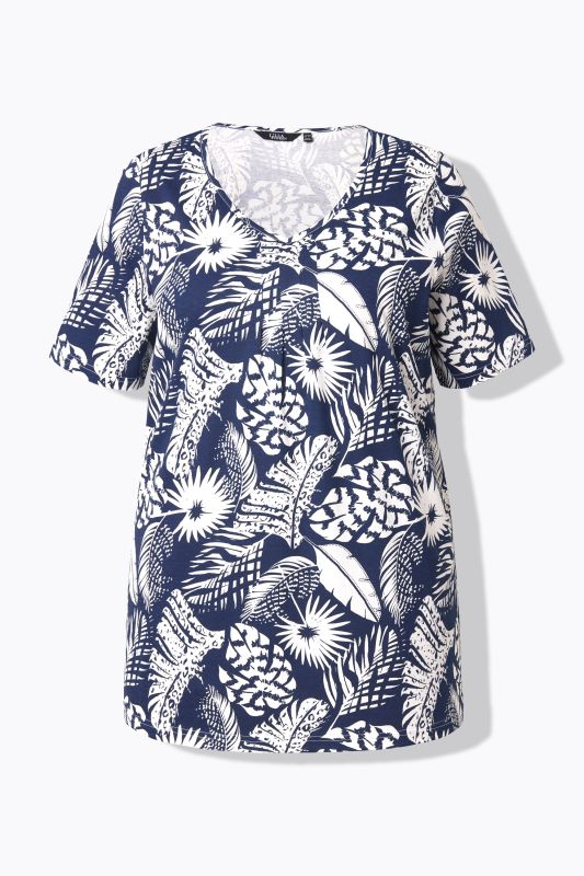 T-shirt, motif de plumes, coupe évasée, col V, manches courtes