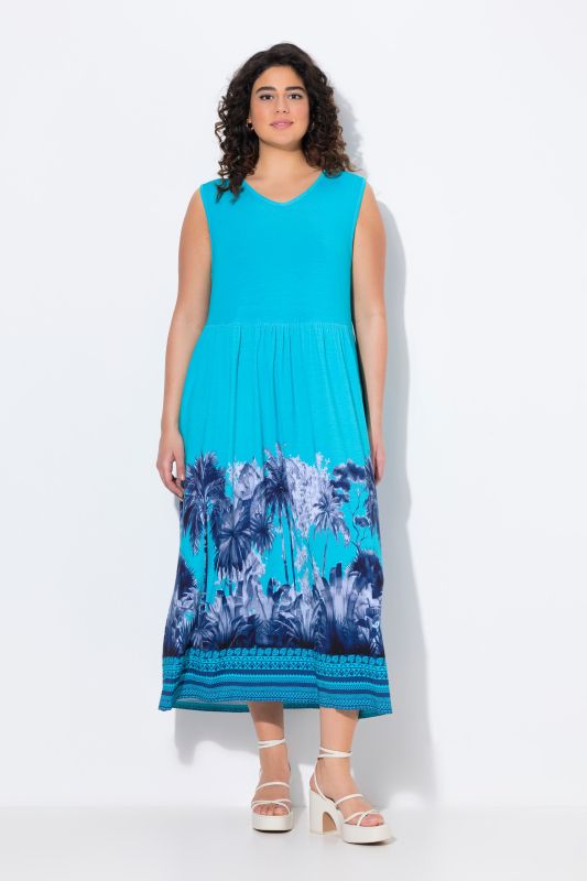 Robe maxi en jersey, motif palmiers, col V, sans manches