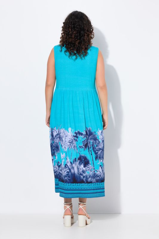 Robe maxi en jersey, motif palmiers, col V, sans manches