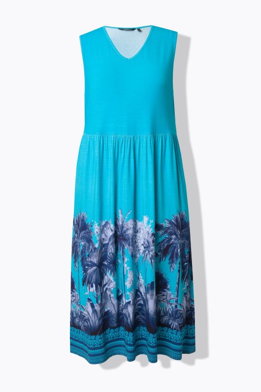 Robe maxi en jersey, motif palmiers, col V, sans manches