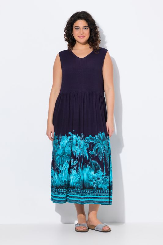 Robe maxi en jersey, motif palmiers, col V, sans manches