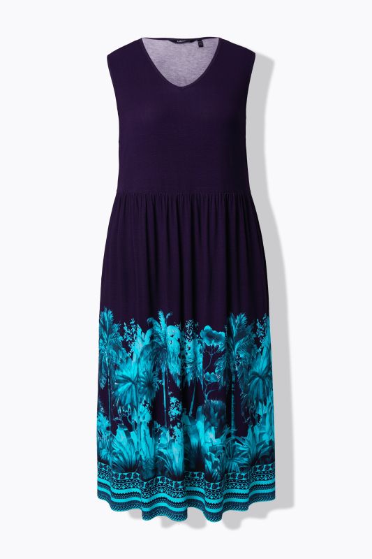 Robe maxi en jersey, motif palmiers, col V, sans manches