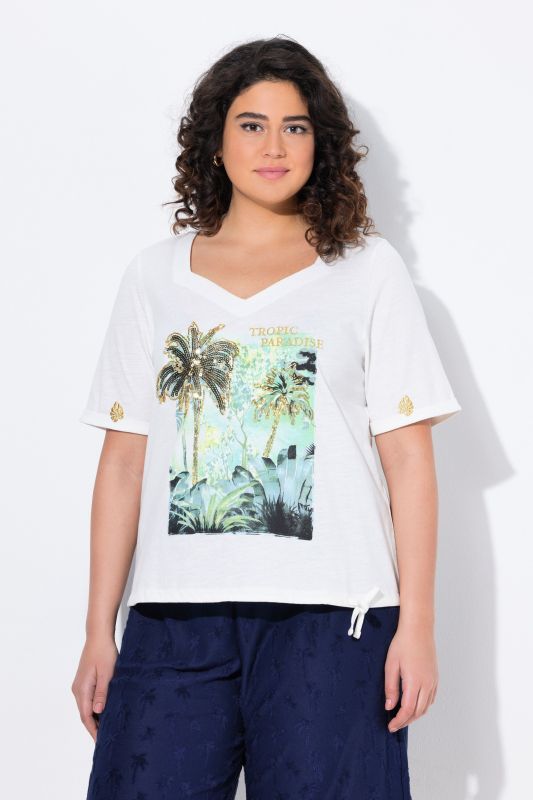 T-shirt, cordon de serrage, motif palmiers, décolleté en forme de cœur, manches courtes