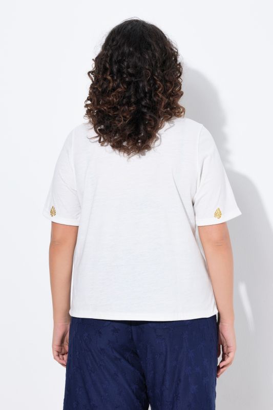 T-shirt, cordon de serrage, motif palmiers, décolleté en forme de cœur, manches courtes