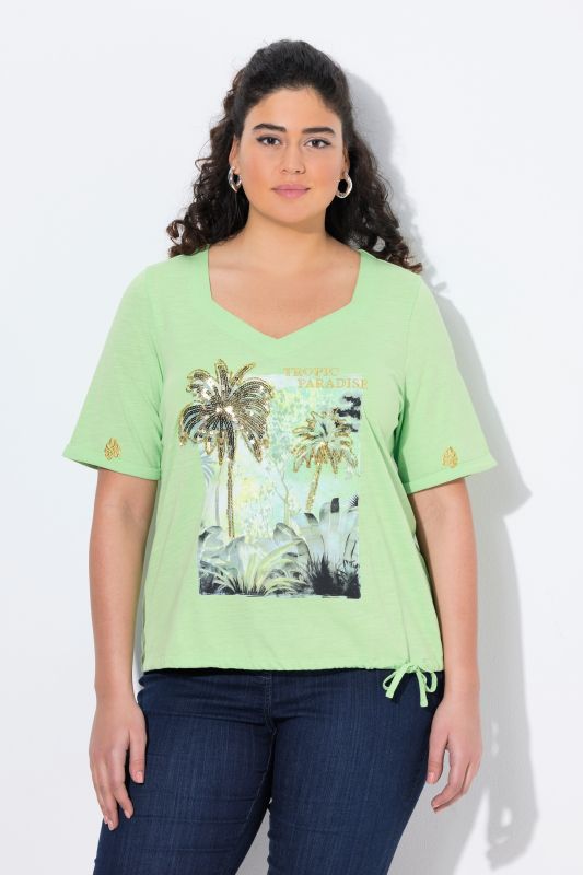 T-shirt, cordon de serrage, motif palmiers, décolleté en forme de cœur, manches courtes
