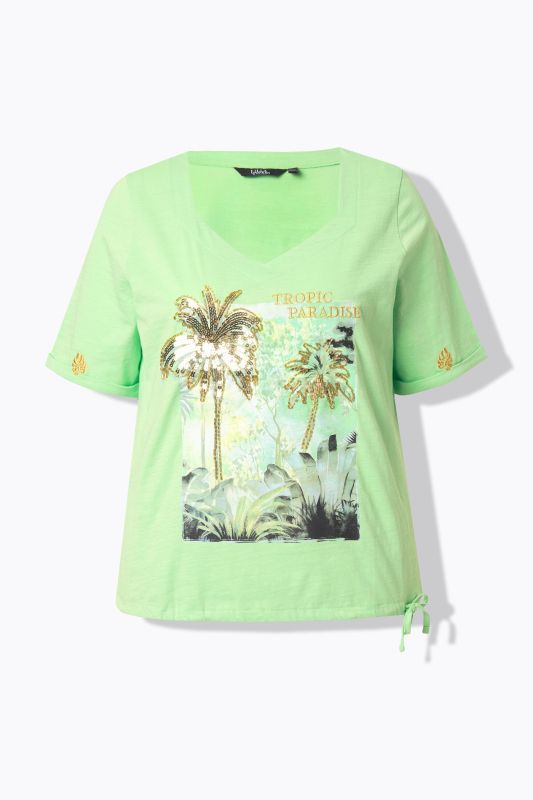 T-shirt, cordon de serrage, motif palmiers, décolleté en forme de cœur, manches courtes