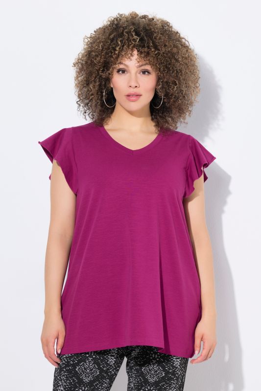 T-shirt coupe évasée, manches volantées et décolleté en V