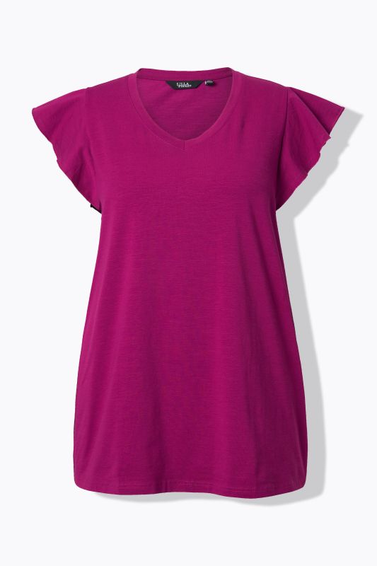 T-shirt coupe évasée, manches volantées et décolleté en V