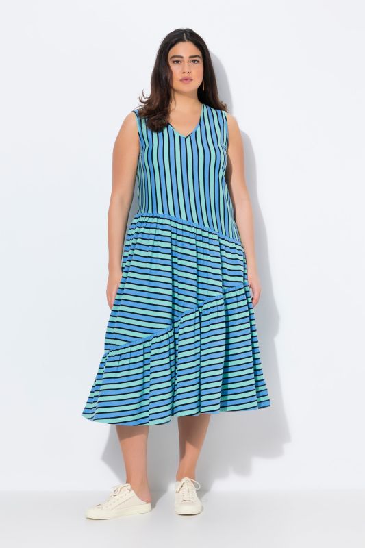 Robe midi sans manches. Col V et coupe évasée. Coton bio