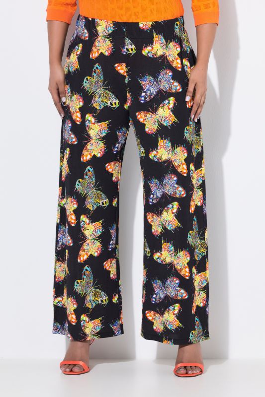 Pantalon au tombé fluide, jambe large et taille élastique, motif papillons