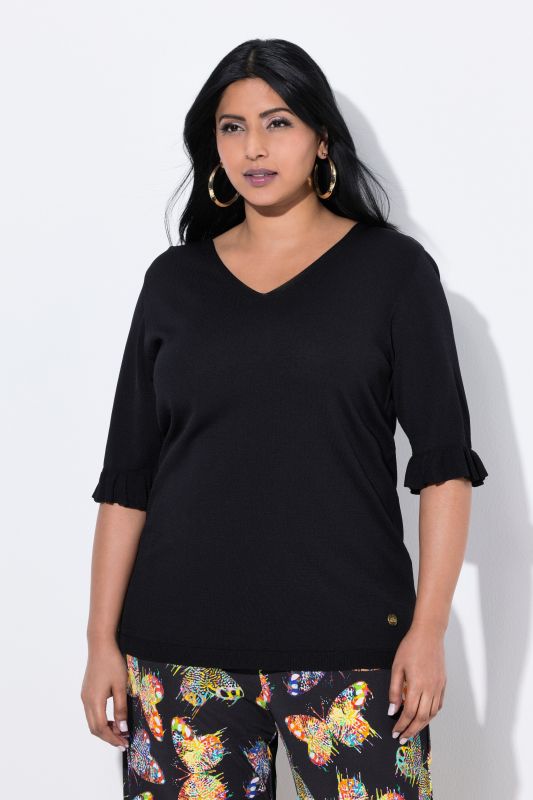 Pull en maille, encolure en V, manches courtes avec ruchés