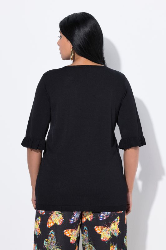 Pull en maille, encolure en V, manches courtes avec ruchés