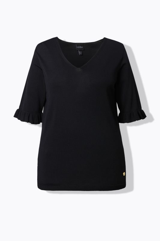 Pull en maille, encolure en V, manches courtes avec ruchés