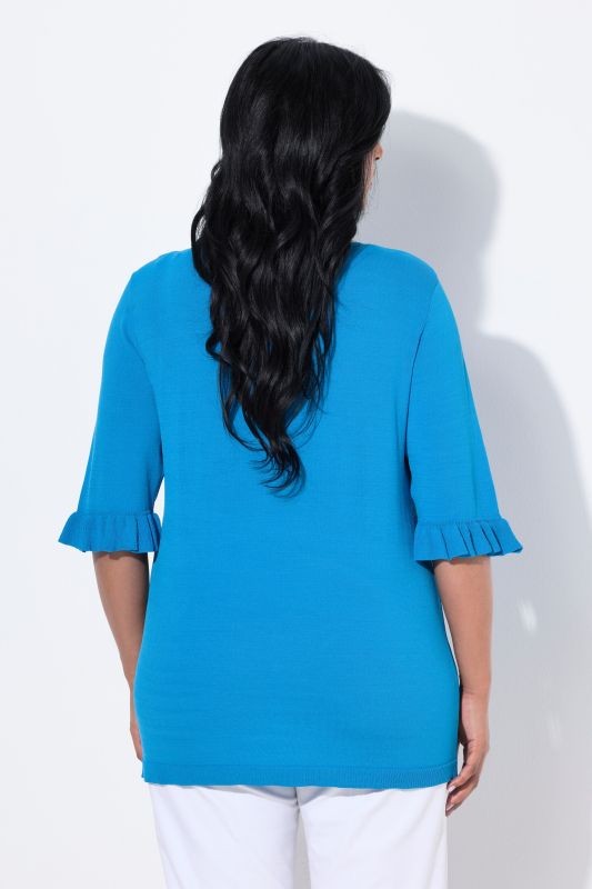 Pull en maille, encolure en V, manches courtes avec ruchés