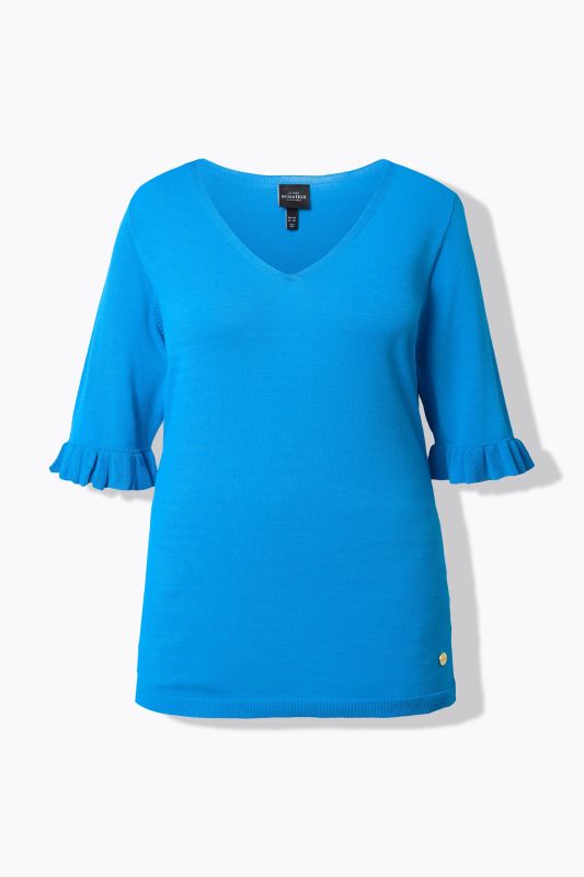 Pull en maille, encolure en V, manches courtes avec ruchés