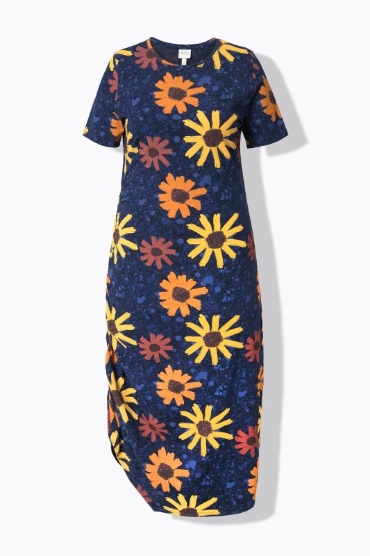 Robe maxi en jersey de coton bio. Encolure ronde et manches courtes. Motif floral