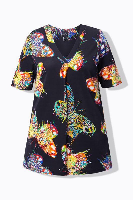 T-shirt au tombé fluide, décolleté en V et manches courtes, motif papillons