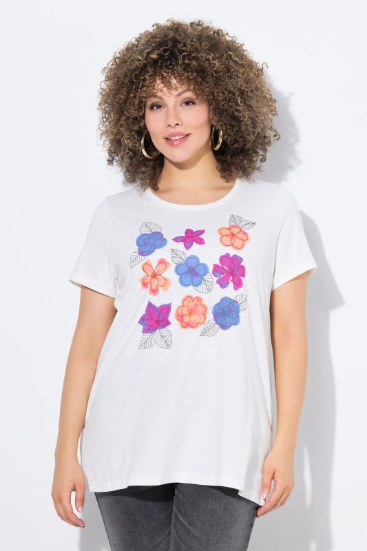 T-shirt motif fleurs multicolores, décolleté rond et manches courtes, coupe évasée
