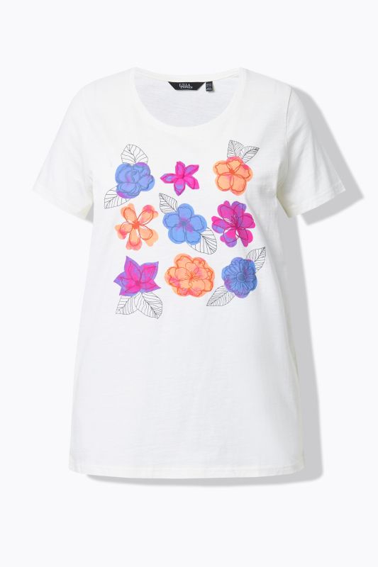 T-shirt motif fleurs multicolores, décolleté rond et manches courtes, coupe évasée