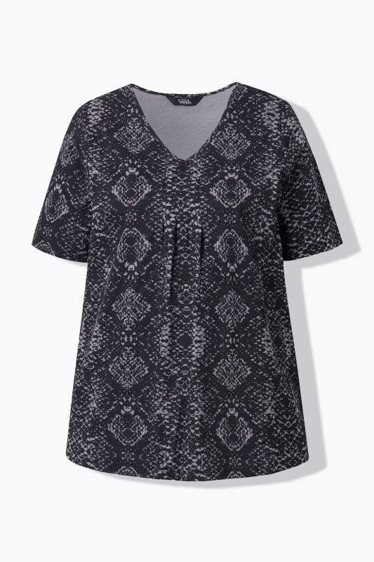 T-shirt manches courtes, décolleté V se terminant par des plis fantaisie, motif peau de serpent