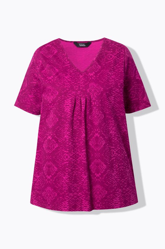 T-shirt manches courtes, décolleté V se terminant par des plis fantaisie, motif peau de serpent