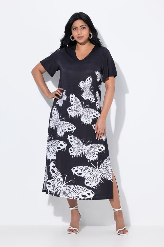 Robe midi fluide, motif papillons, décolleté en V et manches courtes