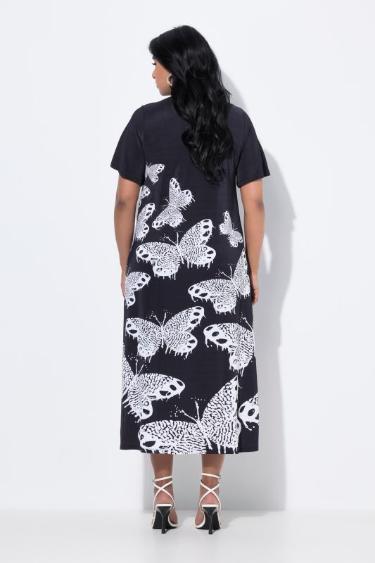 Robe midi fluide, motif papillons, décolleté en V et manches courtes