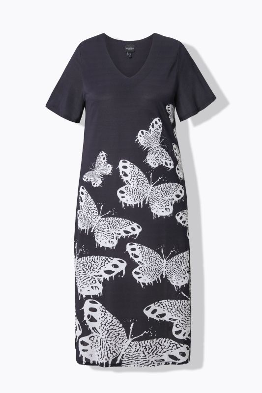 Robe midi fluide, motif papillons, décolleté en V et manches courtes