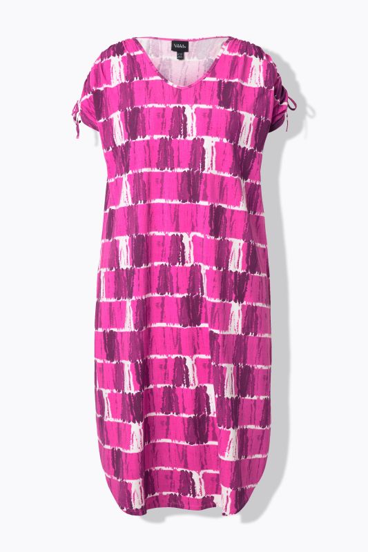 Robe midi en jersey, rayures esprit batik, décolleté en V et manches courtes